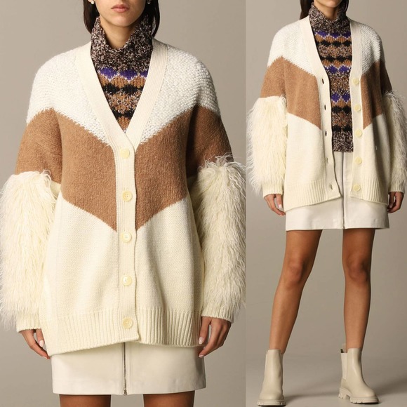 PINKO Wool Mohair Oversized Fur Sleeves Cardigan Cream Tan SZ:S - Picture 1 of 9